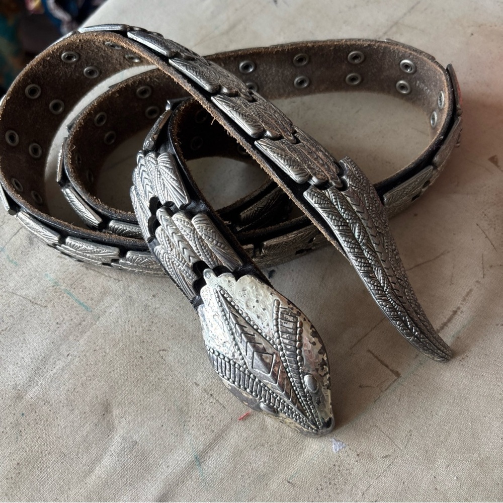 HEAVY Vintage SNAKE BELT S/M made in Spain SILVER metal & leather VGUC